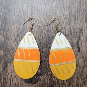 HAND CRAFTED Candy Corn Teardrop Hand-Painted Wooden Earrings